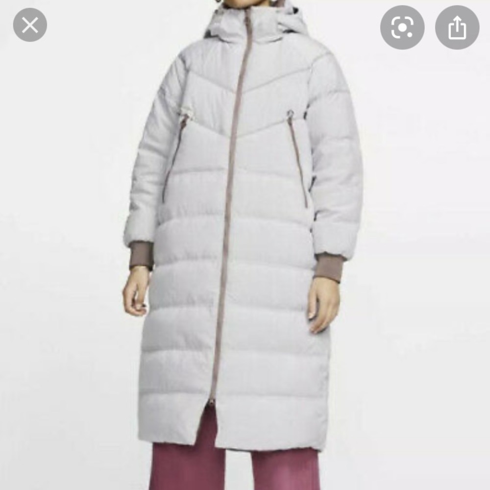 Nike Long Puffer Coat in Light Gray with Taupe Trim